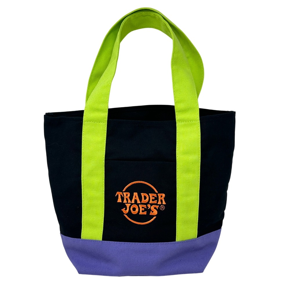 Trader Joes Mini Canvas Tote Bag Black Green Purple Colorblock Limited Edition